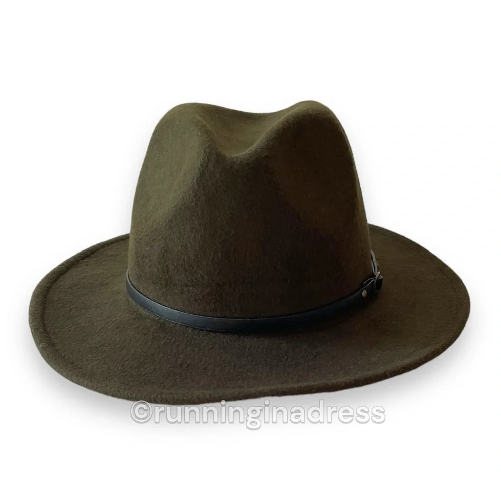Olive Green Felt Fedora Hat Western Boho Size One Size